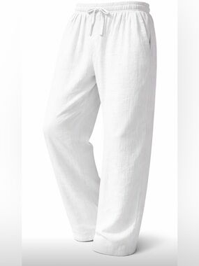 White Linen Drawstring Pants - Unisex - Size M Women Size S for Men